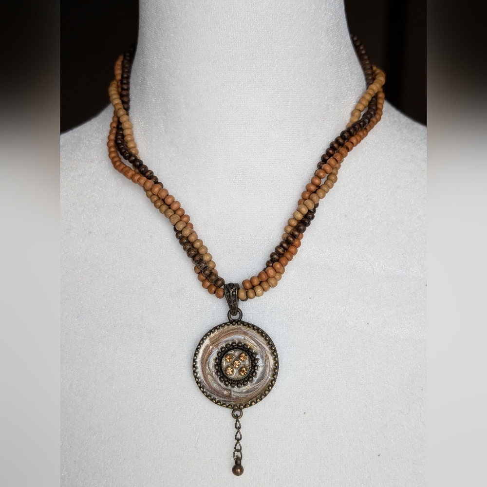 Double Sided Boho Wooden Bead Necklace with Pendant